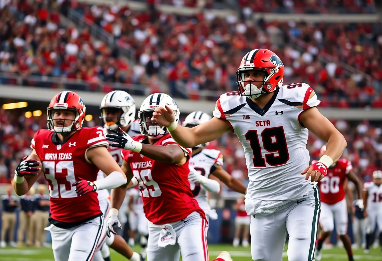 North Texas football players celebrating their victory in the New Mexico Bowl