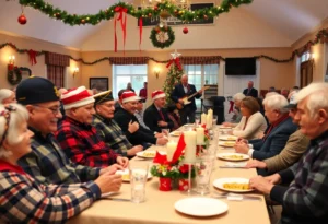 North Texas veterans enjoying a Christmas celebration with festive decorations and community support.