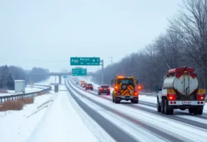 Snowy roads with highway crews treating the surface in North Texas during a winter storm.