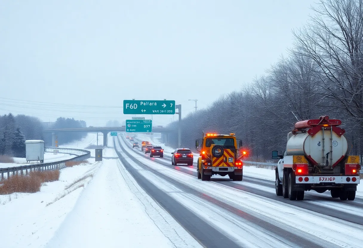Snowy roads with highway crews treating the surface in North Texas during a winter storm.