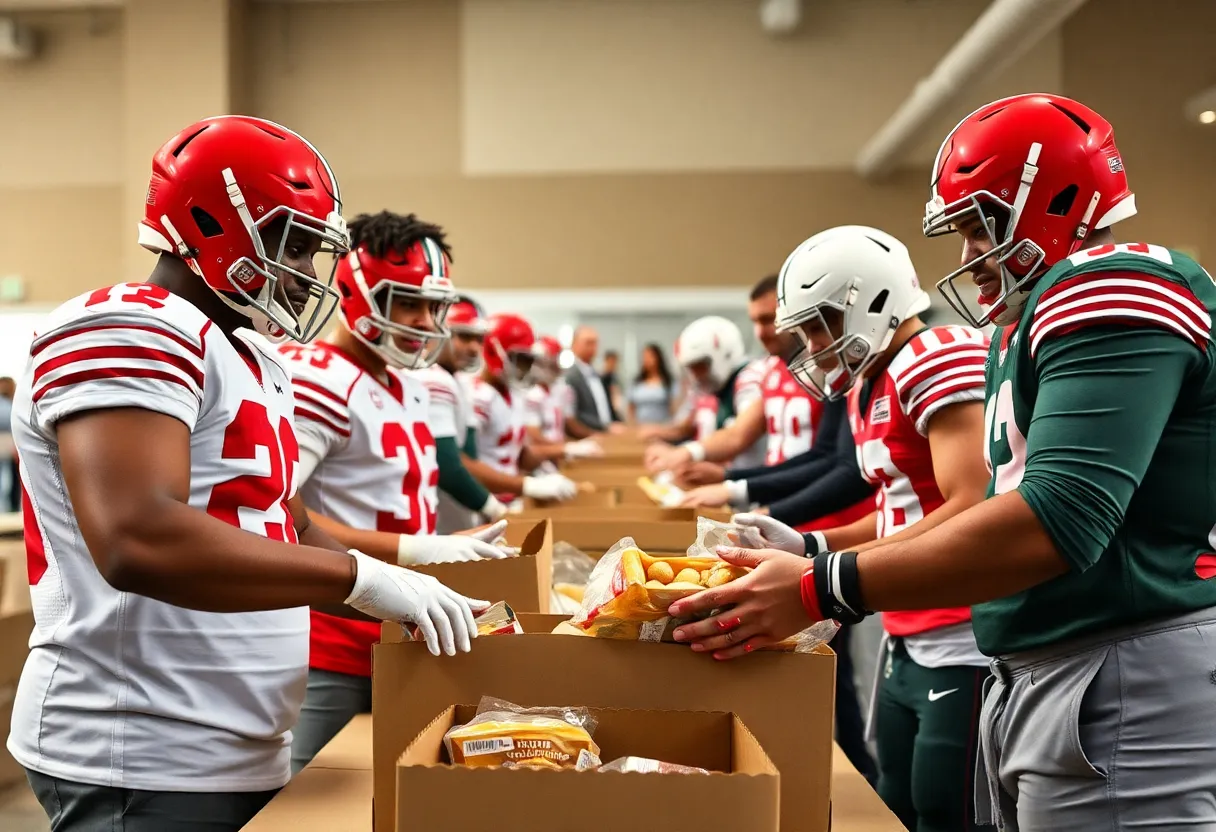 Ohio State Buckeyes and Miami Hurricanes football players packing meals for the North Texas Food Bank.