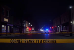 Crime scene in Old East Dallas with police lights