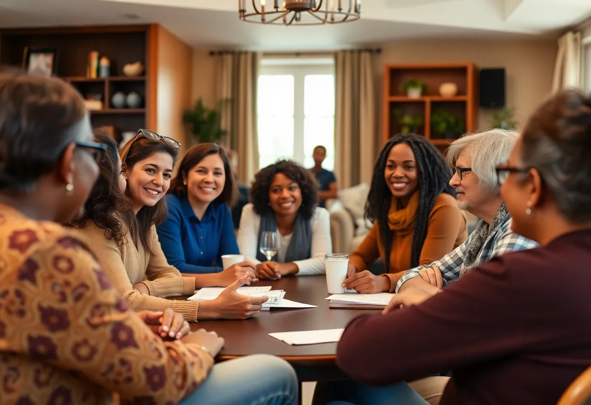 Community members discussing healthcare options at a OneShare Health meeting