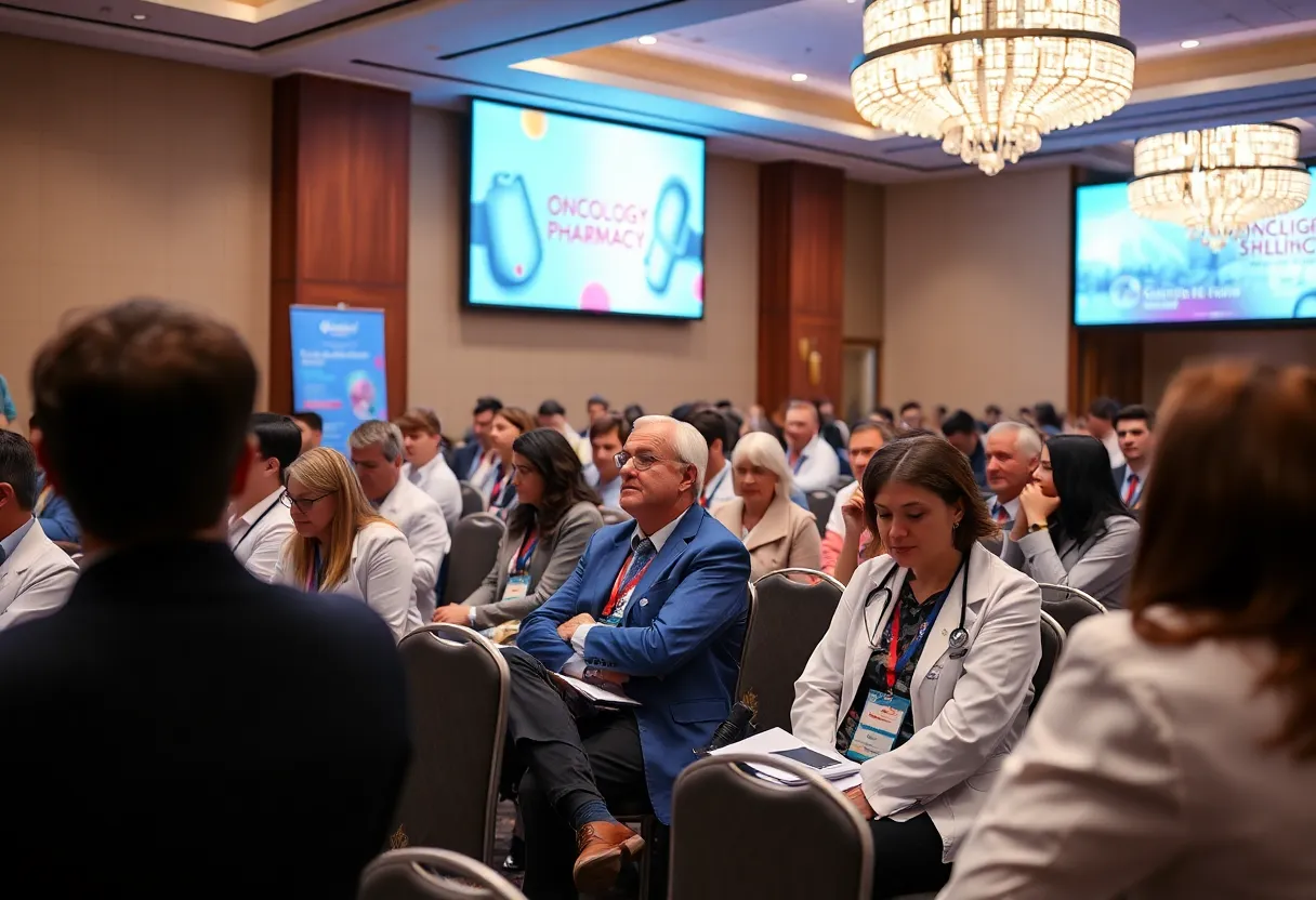 Conference attendees discussing oncology pharmacy topics