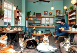 Interior of the Orlando Cat Café in Frisco with cats and patrons