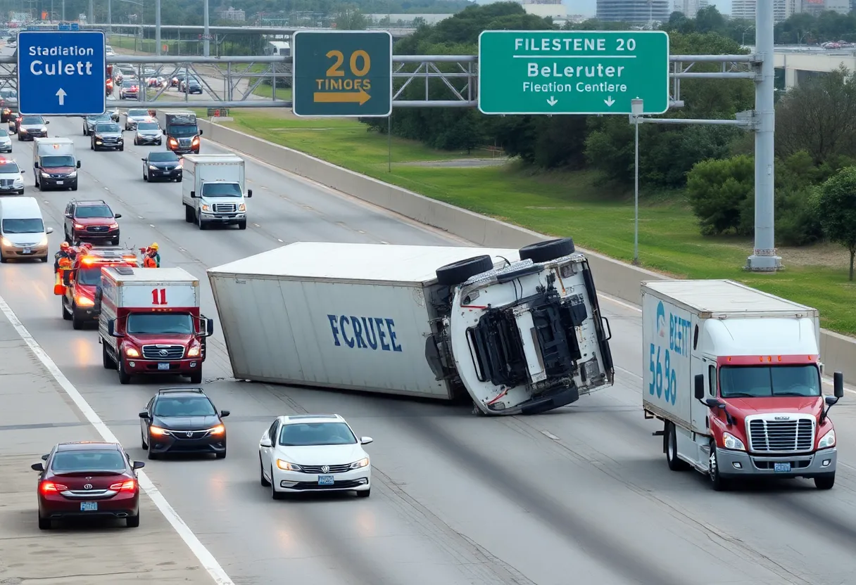 Overturned 18-wheeler blocking eastbound I-20 in Dallas