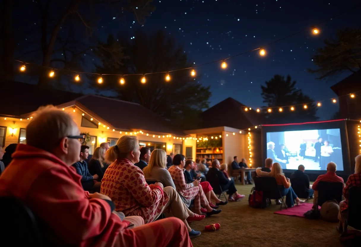 Community gathering for Pajama Movie Night with attendees in pajamas watching a film outdoors.