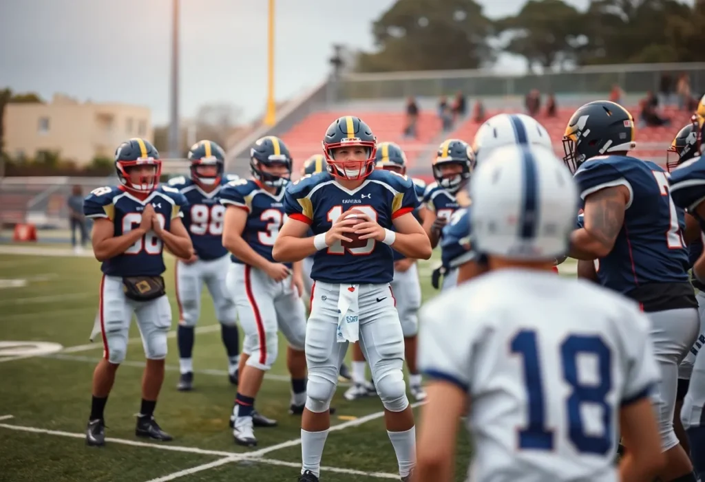 Veteran quarterback leading a huddle during NFL practice