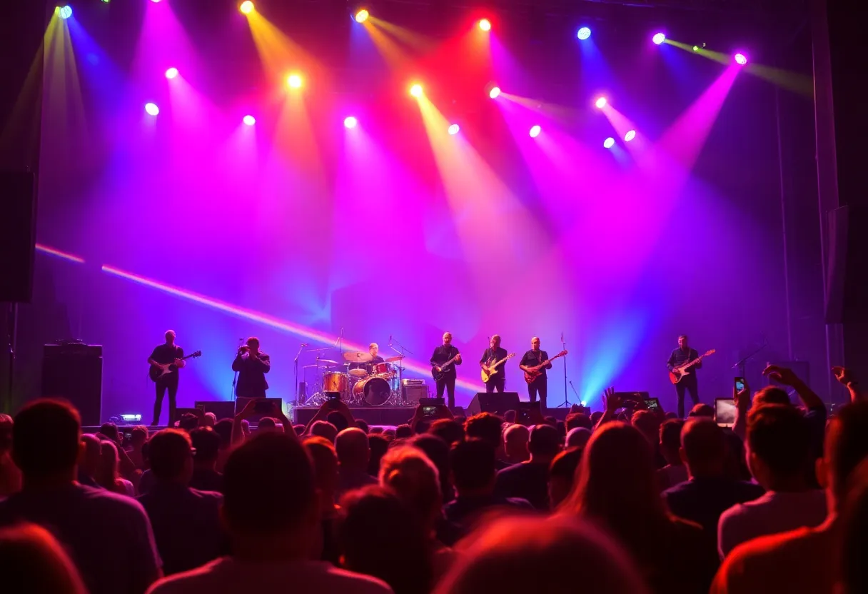 Audience enjoying a Pink Floyd tribute concert with colorful lights