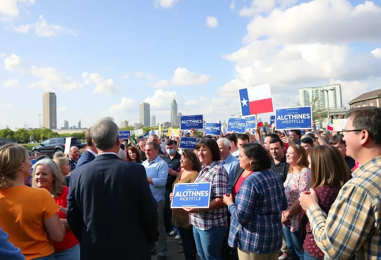 A political campaign rally in Texas with diverse attendees and campaign signs.