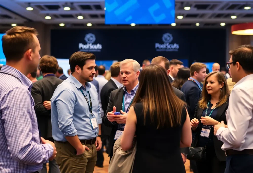 Attendees at Pool Scouts Annual Convention in Dallas discussing franchise opportunities.