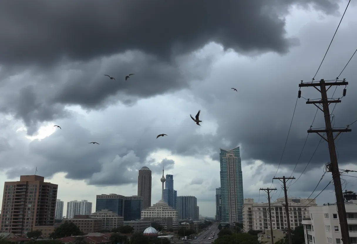Power lines swaying in strong winds in Houston during a storm.