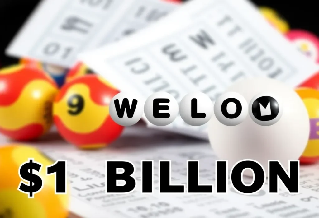 Powerball lottery tickets and balls announcing $1 billion jackpot
