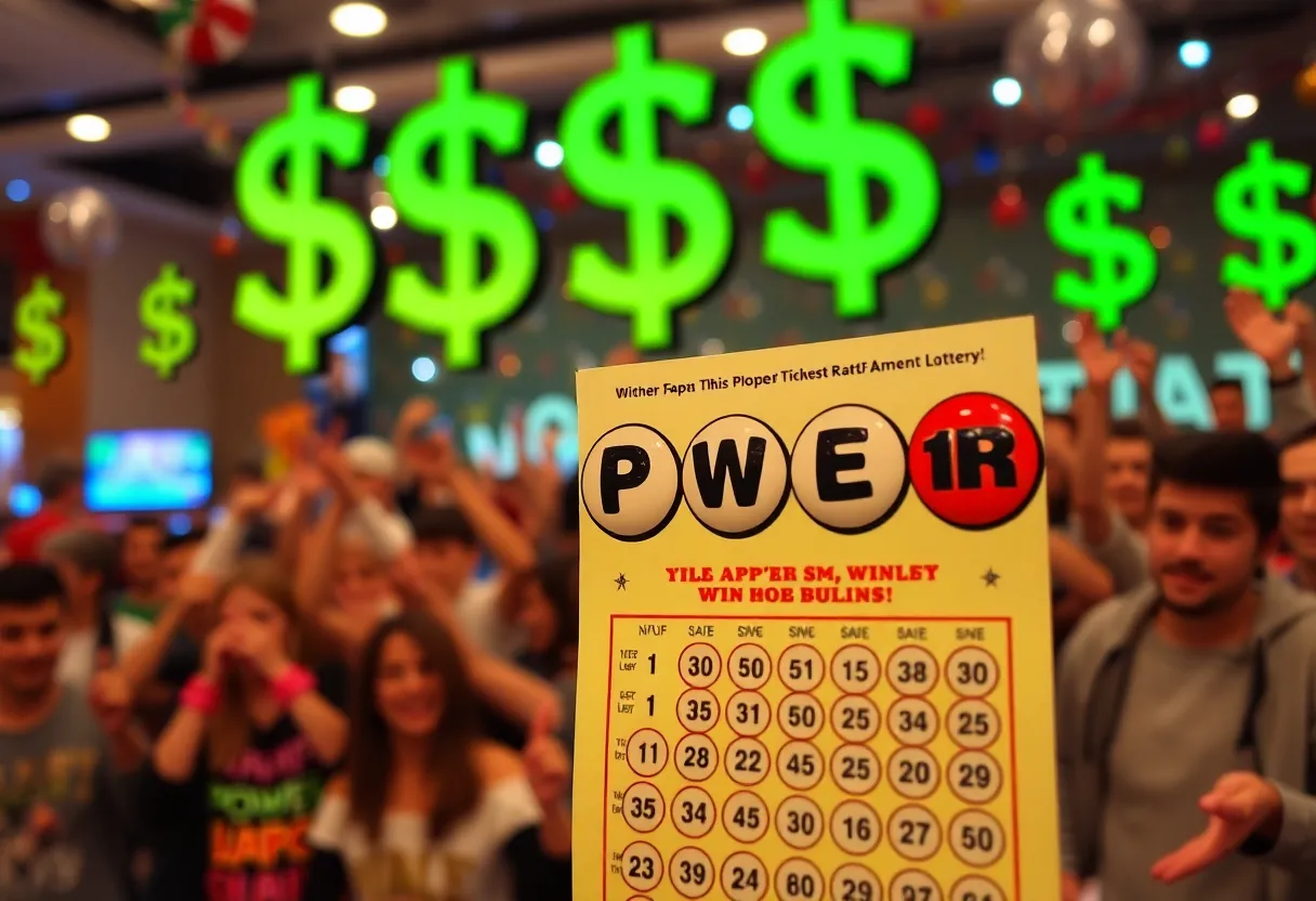 Powerball lottery ticket and excited crowd