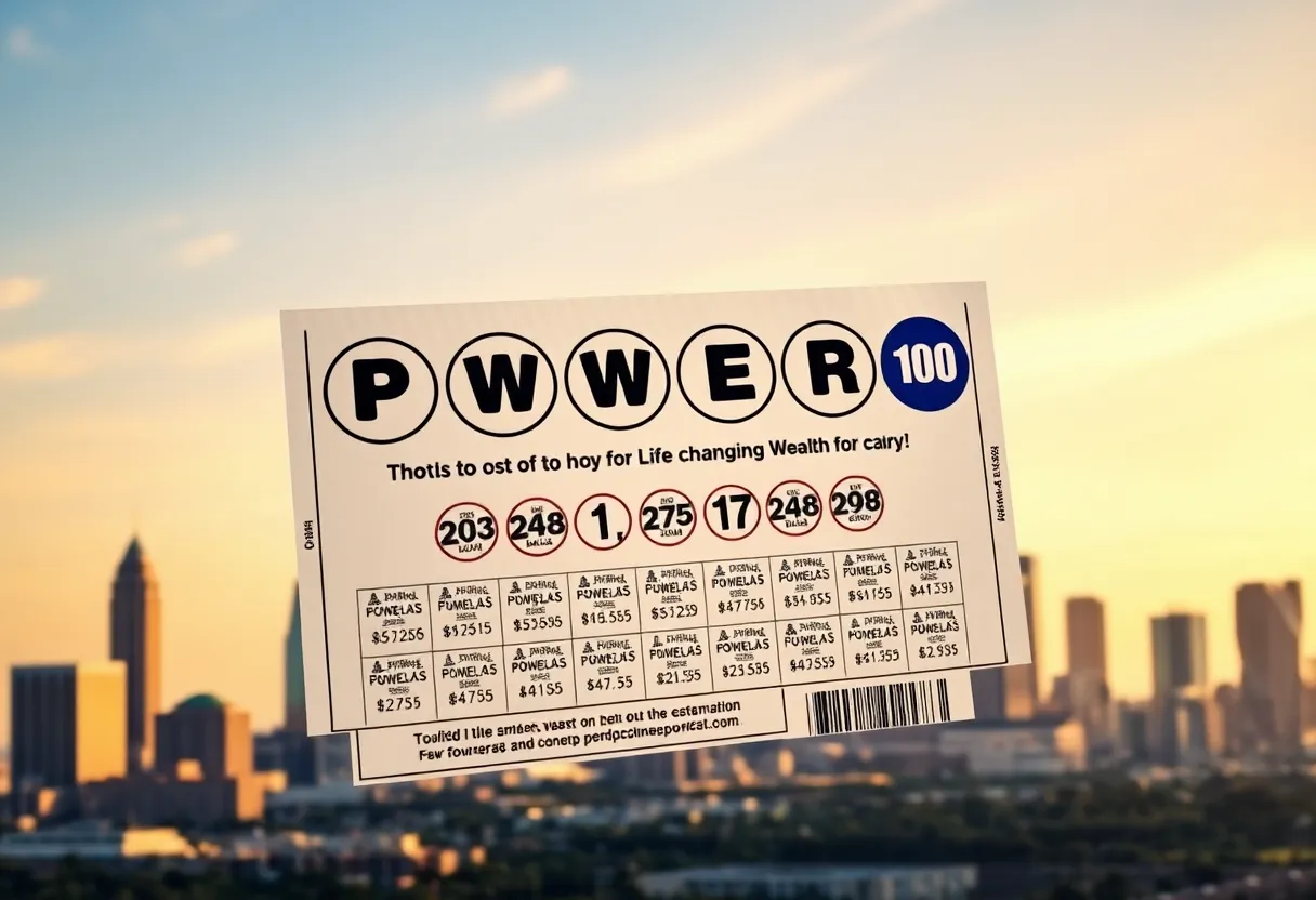 Powerball lottery ticket with Dallas skyline in the background