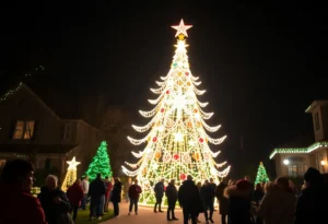 Christmas lights and decorations in a residential area in Preston Hollow, Dallas with crowds enjoying the festive atmosphere.