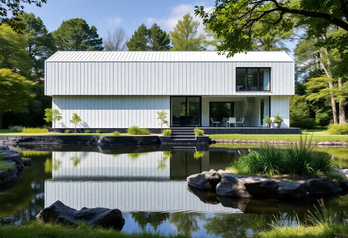 Modernist Rachofsky House with white metal-panel exterior and landscaping