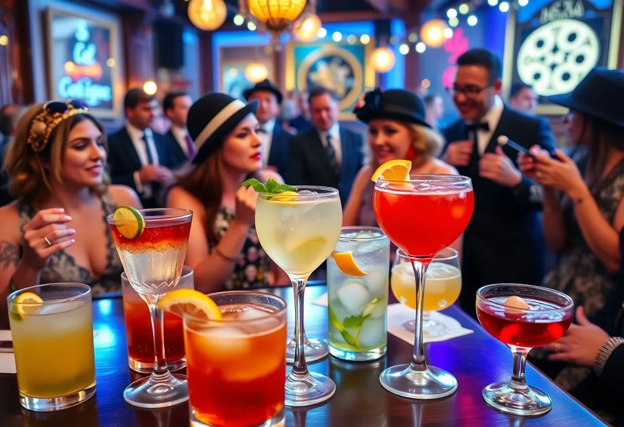 Celebration of Repeal Day with vintage cocktails and people in 1920s clothing in Dallas