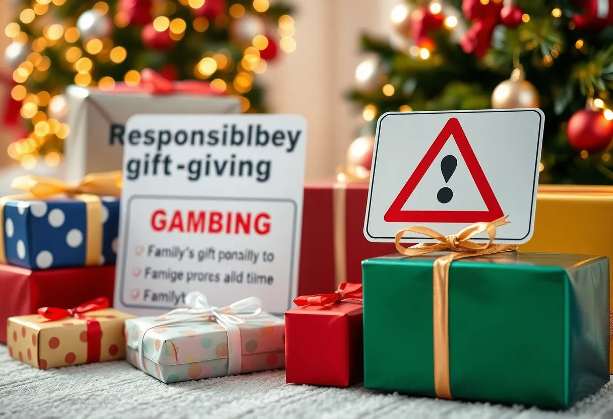 Holiday scene with presents and a caution sign about gambling