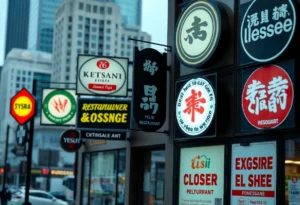 Closed signs from various restaurant chains in an urban setting