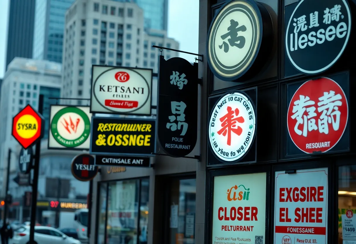 Closed signs from various restaurant chains in an urban setting