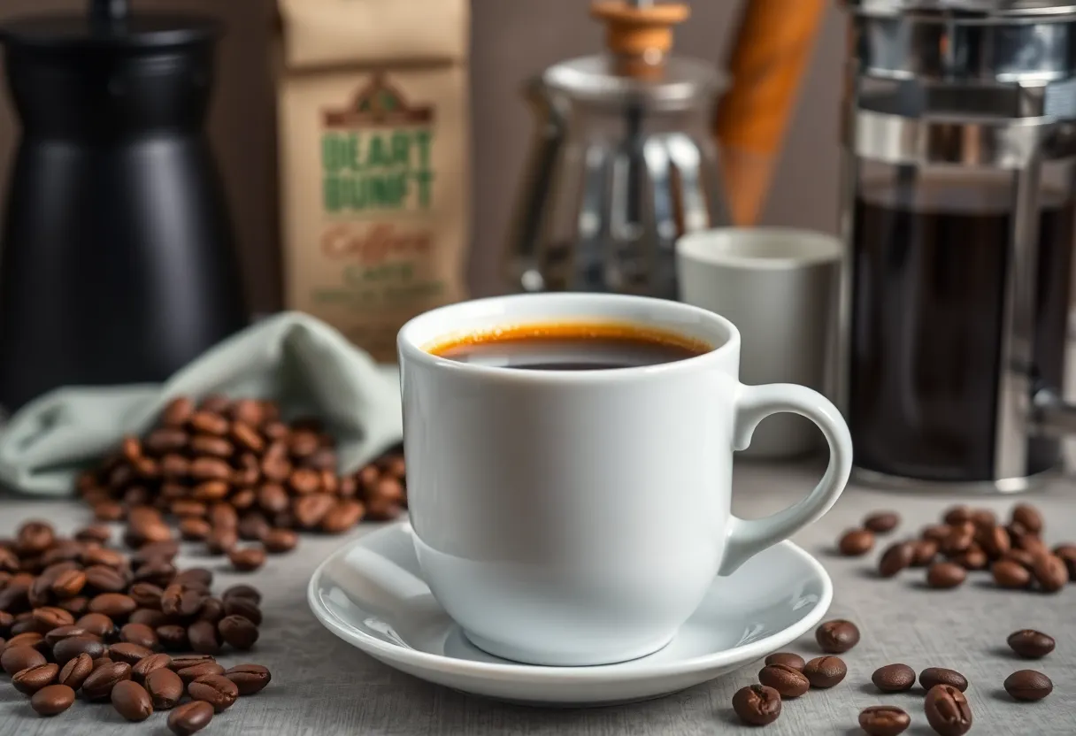 A steaming cup of coffee with brewing tools and coffee beans displayed around it.