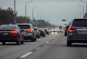 Scene depicting aftermath of a road rage shooting on a Texas highway.