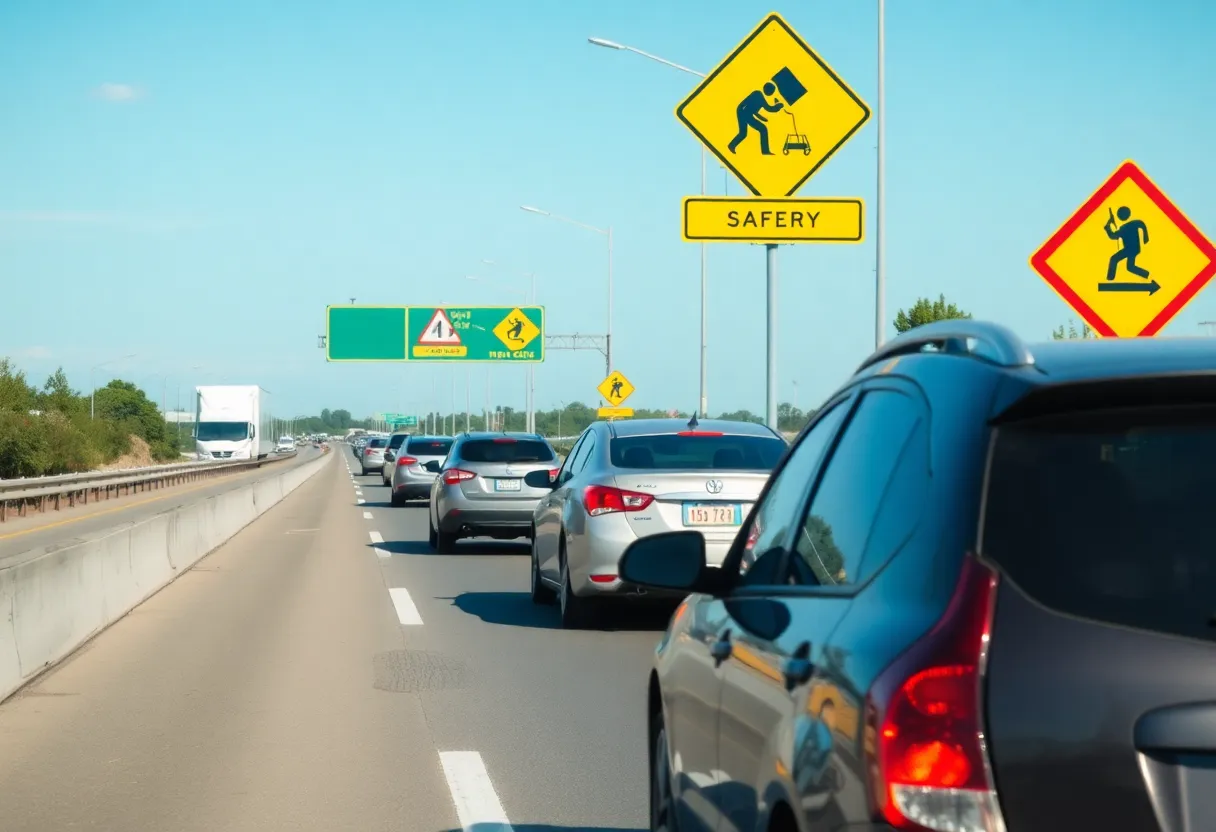 A busy highway promoting road safety with visible traffic signs.