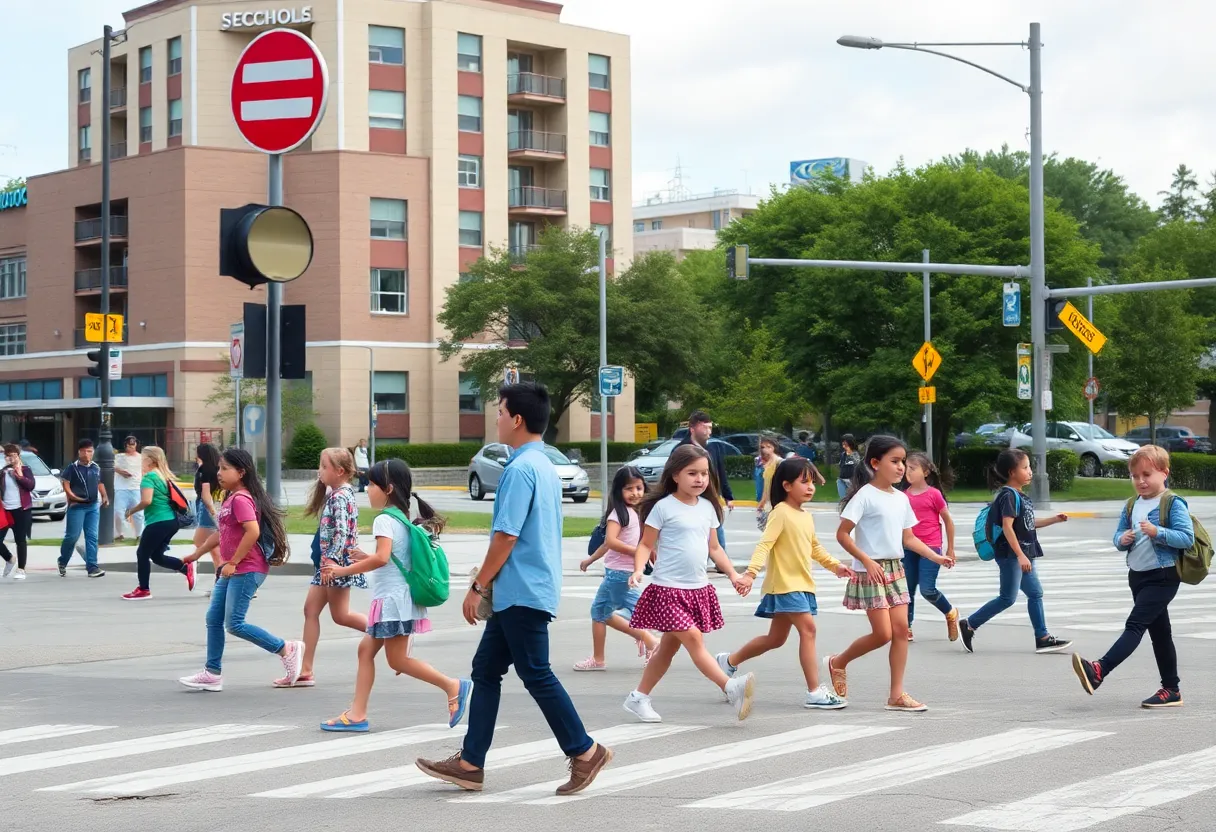 Children crossing the street in a school zone aware of their surroundings.