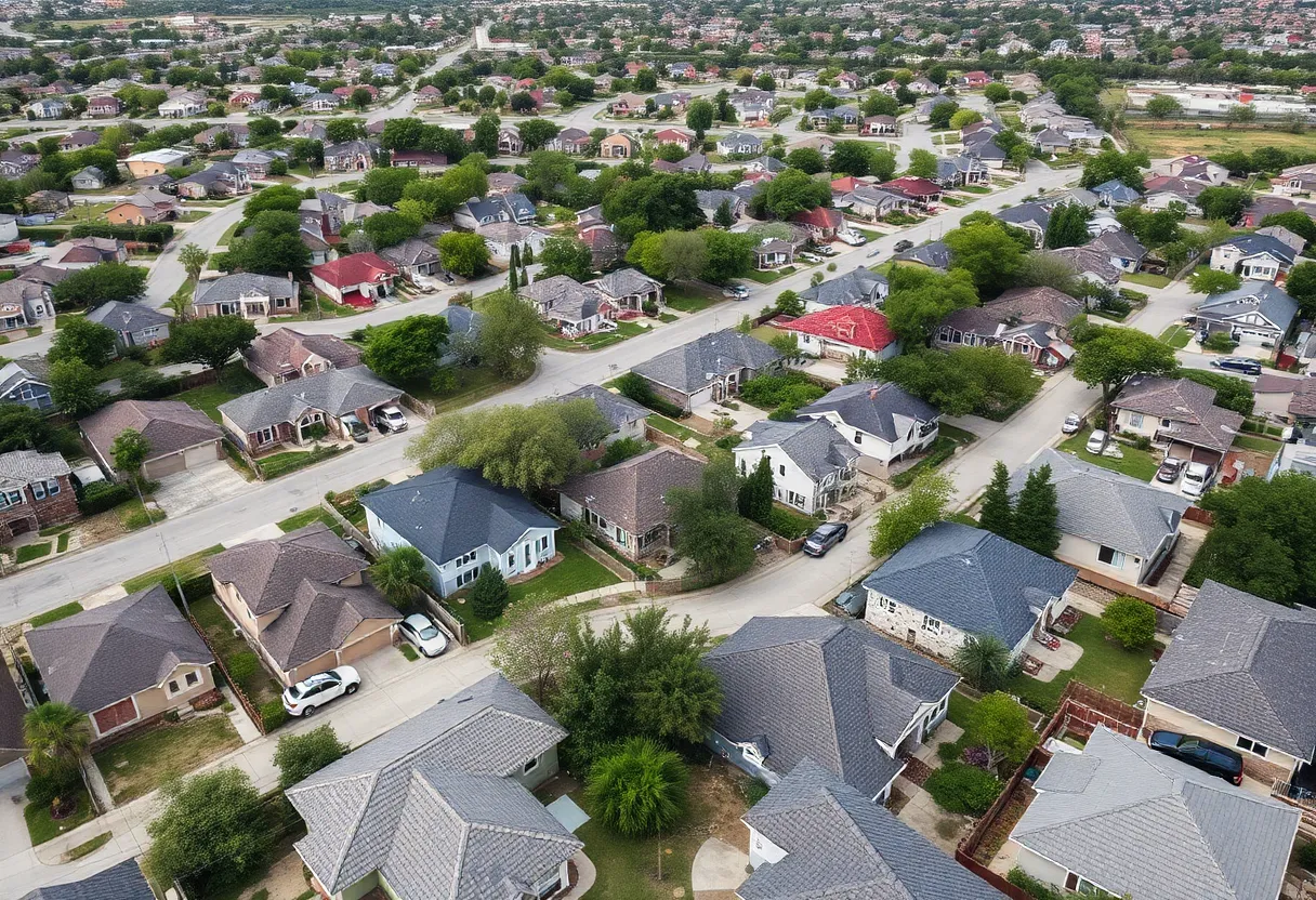 Aerial view of residential neighborhoods in San Antonio showing homes and renovations.