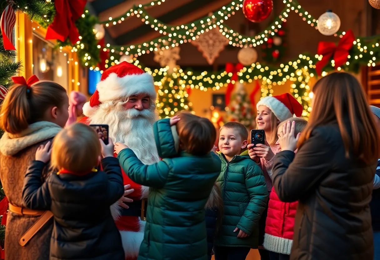 Families capturing photos with Santa Claus during the holiday season.
