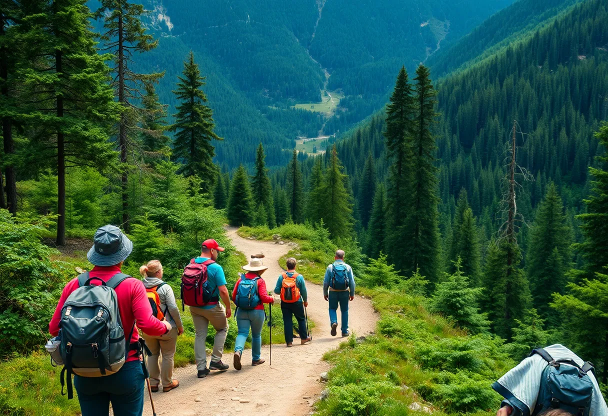 Group of hikers on a mountain trail focusing on safety during outdoor activities.