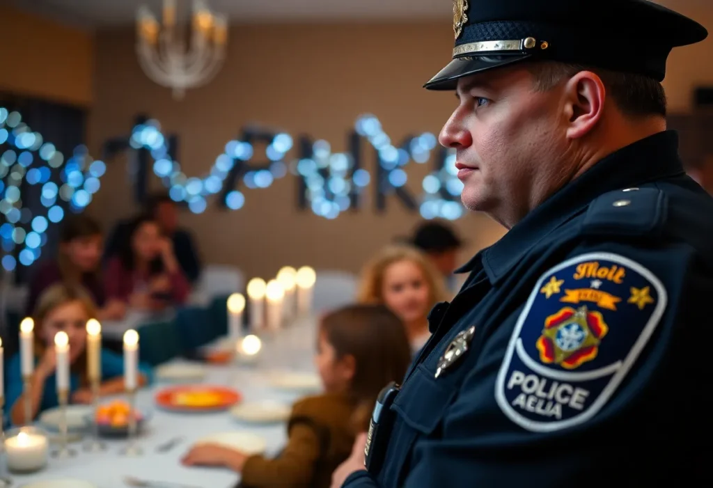 Police officer ensuring safety at Hanukkah event