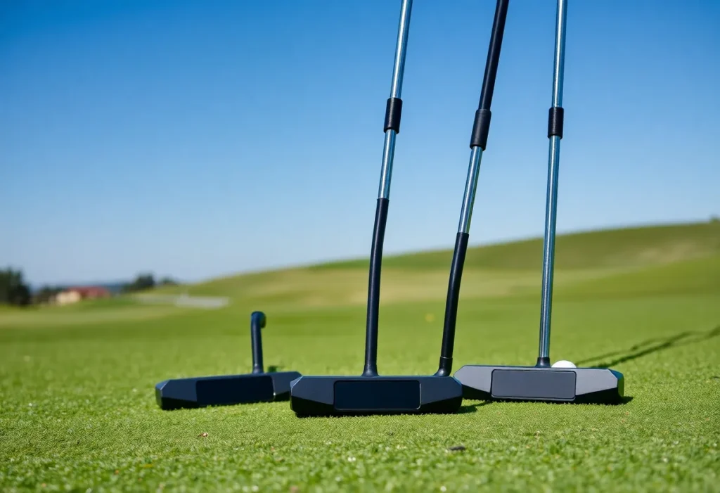 SeeMore Golf SBx and SKx putters displayed on a golf course