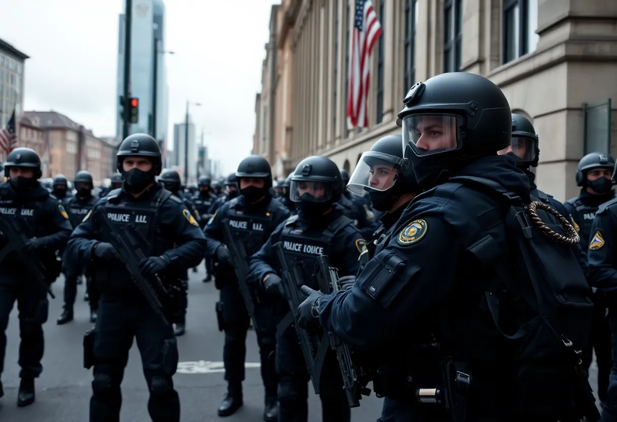 Law enforcement officers responding to a shooting incident in a city setting.