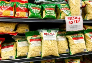 Notice of shredded cheese recall in Texas displayed among various cheese products.