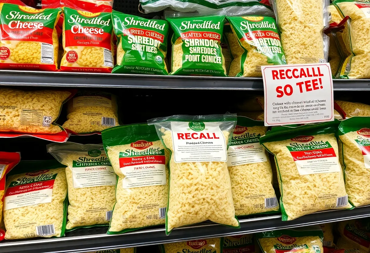 Notice of shredded cheese recall in Texas displayed among various cheese products.