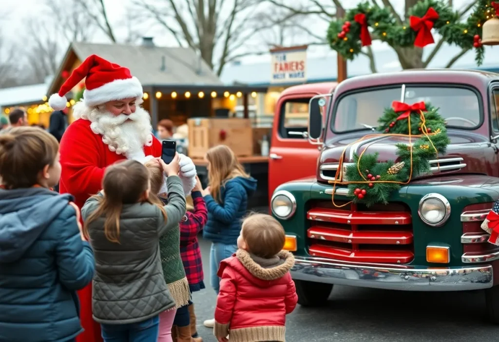 Families taking photos with Santa at a farmers market beside a vintage truck.