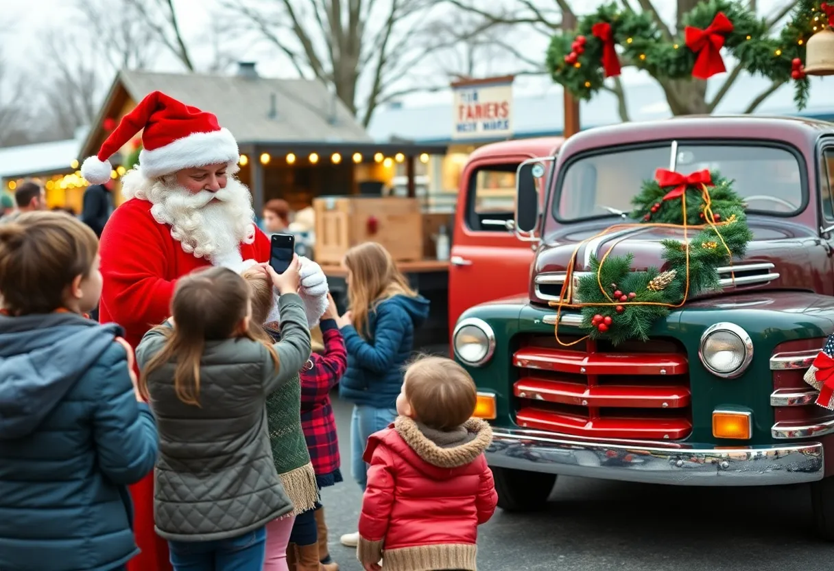 Families taking photos with Santa at a farmers market beside a vintage truck.