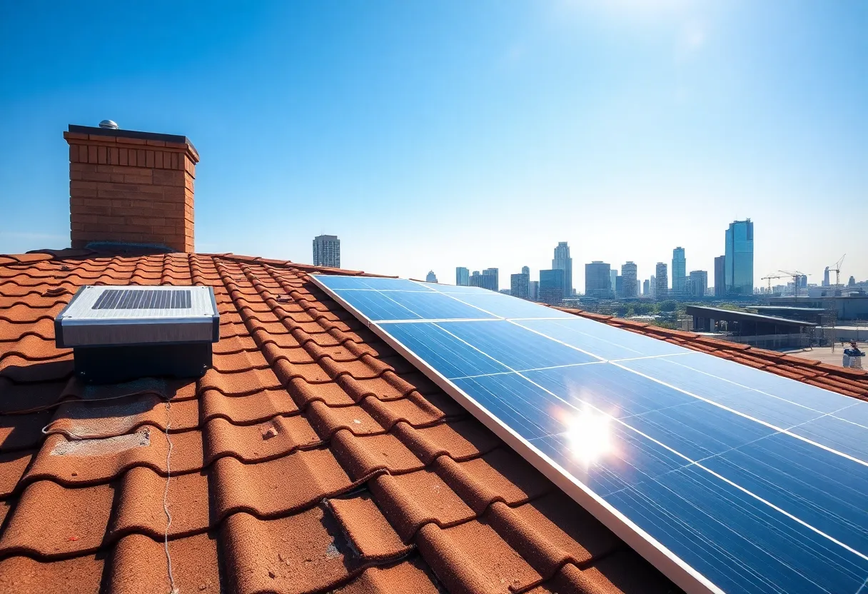 Residential solar panels with Dallas skyline
