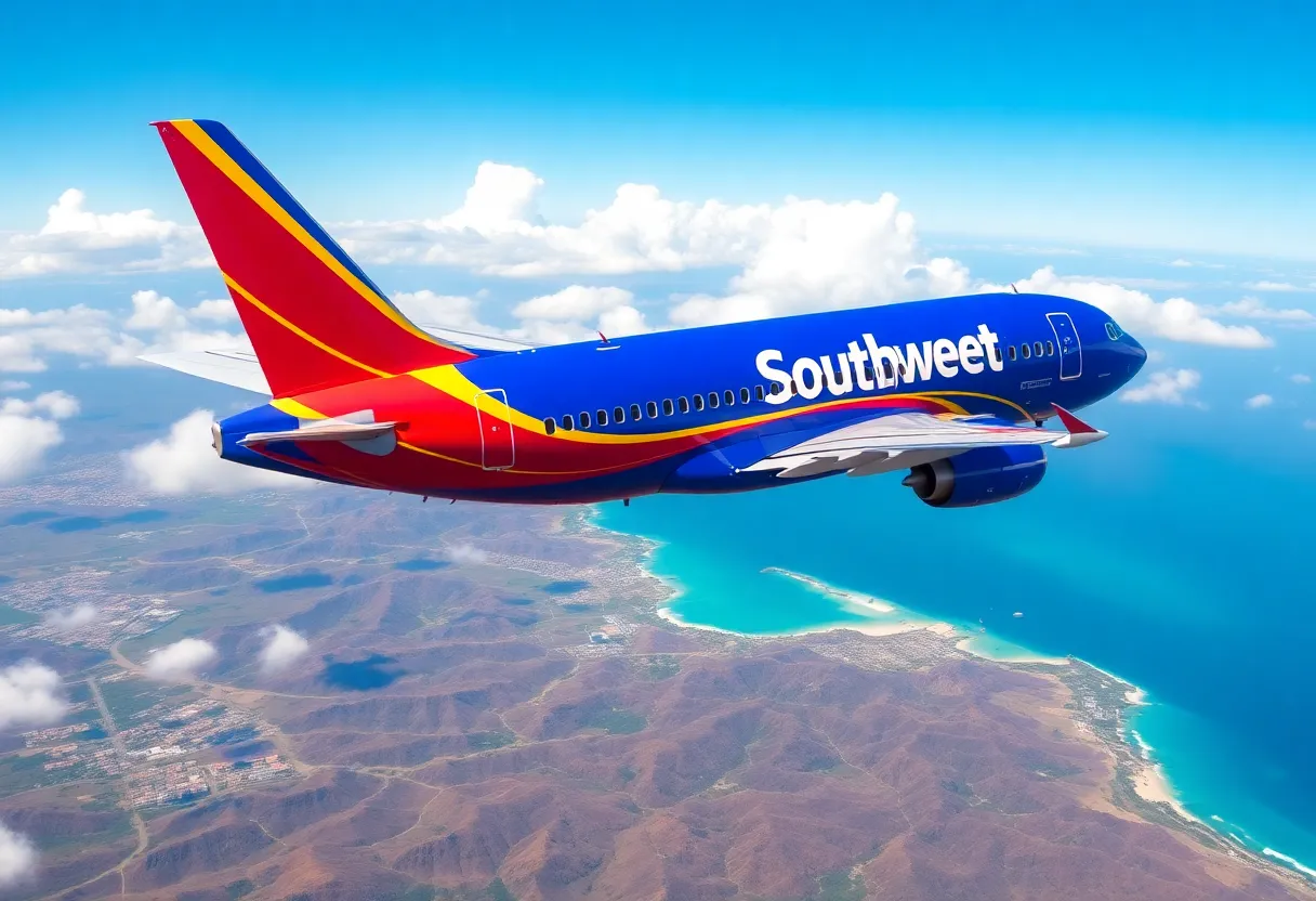 Southwest Airlines airplane flying over Hawaii