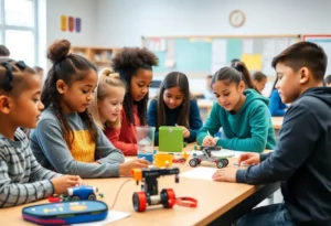 Students participating in STEM education activities in a classroom