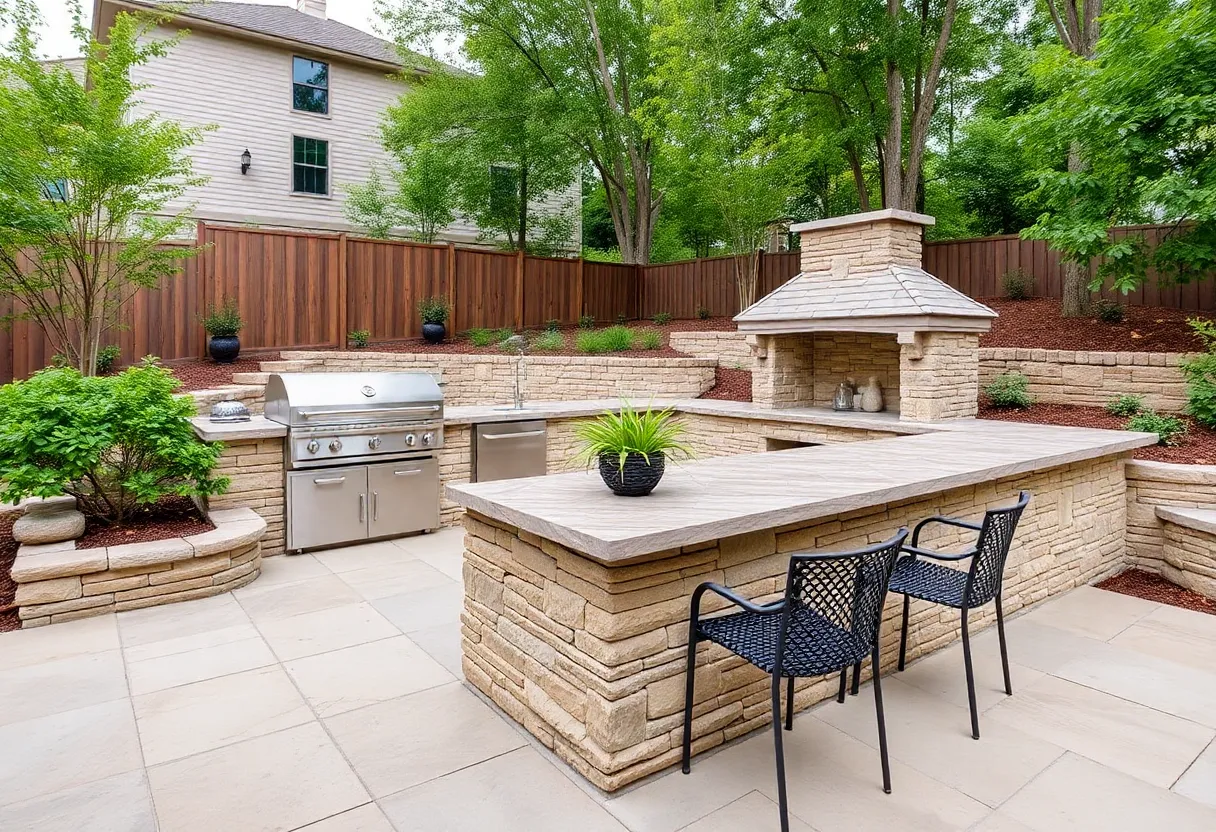 Custom stonework outdoor kitchen and retaining wall