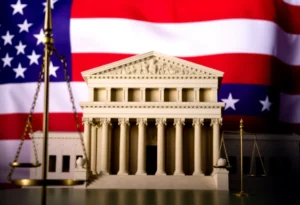 U.S. Supreme Court building with American flag and legal scales.