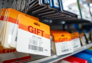 Retail gift card display with tampered packaging indicating fraud