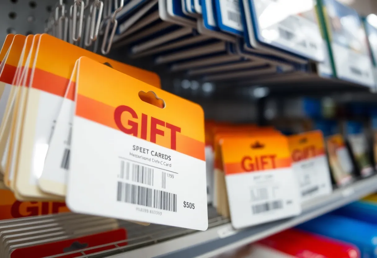 Retail gift card display with tampered packaging indicating fraud