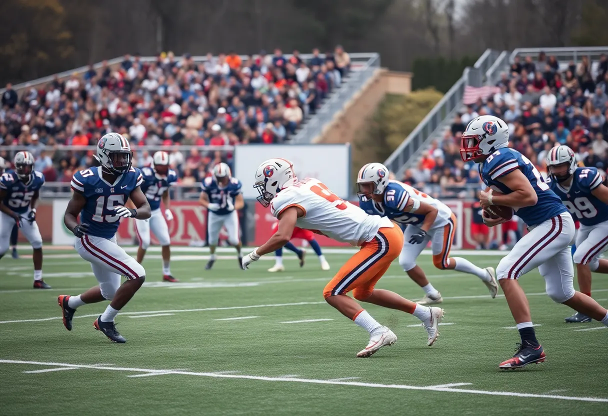 Texas A&M football player in a defensive stance during a game.