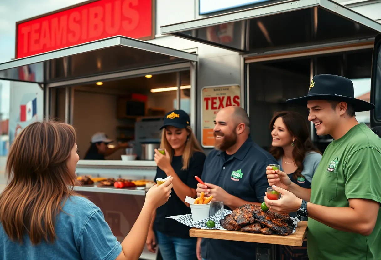 Outdoor barbecue gathering with fans enjoying food near a stadium.