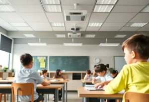 Students in a classroom with air filtration systems