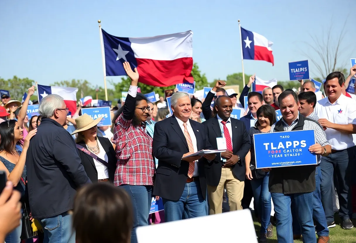 Candidates campaigning for Texas Comptroller in a vibrant Texas setting